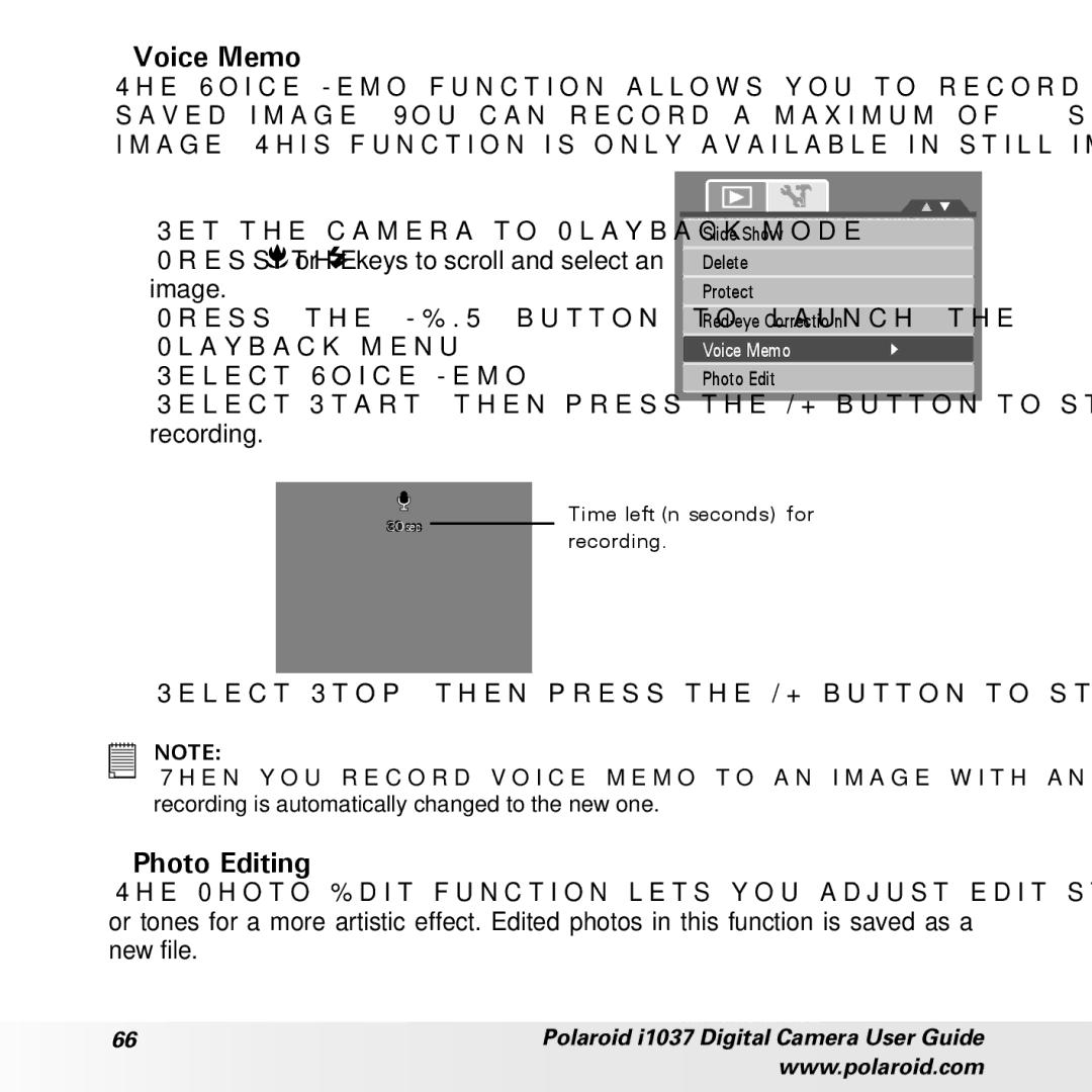 Polaroid i1037 manual Voice Memo, Photo Editing 