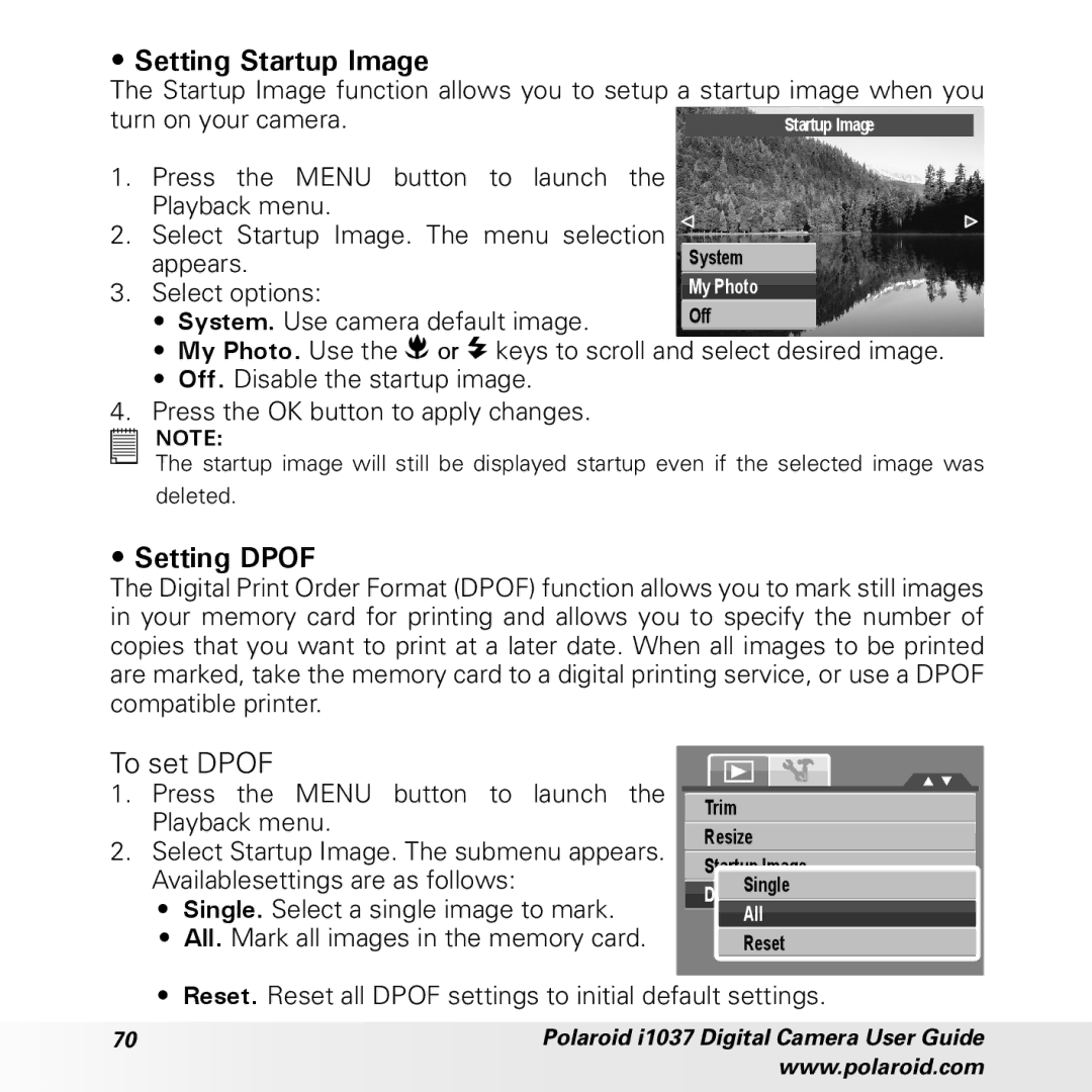 Polaroid i1037 manual Setting Startup Image, Setting Dpof, To set Dpof 