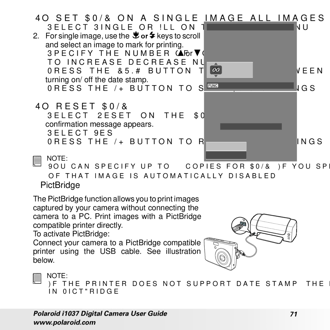 Polaroid i1037 manual To set Dpof on a single image/all images, To reset Dpof, PictBridge 