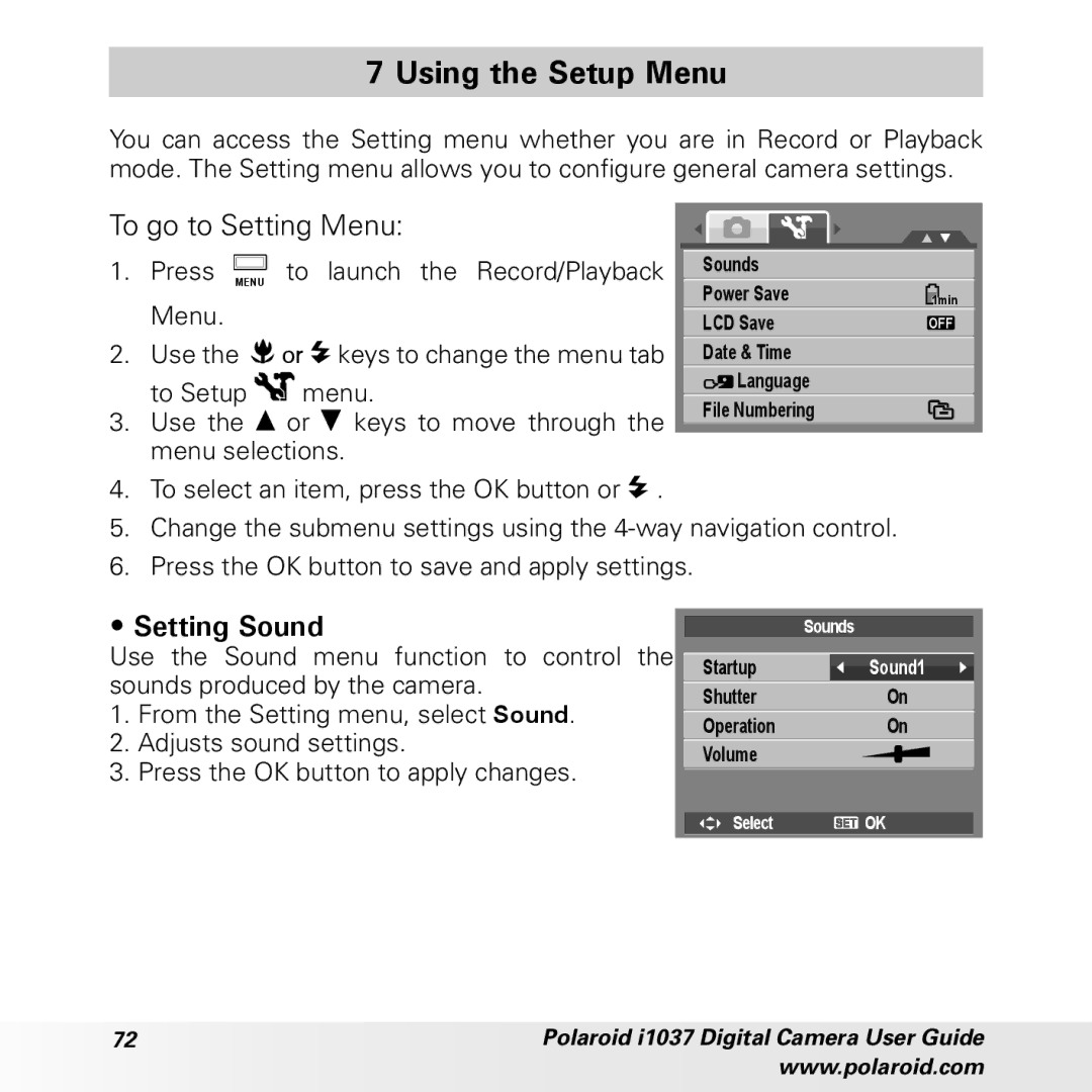 Polaroid i1037 manual Using the Setup Menu, To go to Setting Menu, Setting Sound 