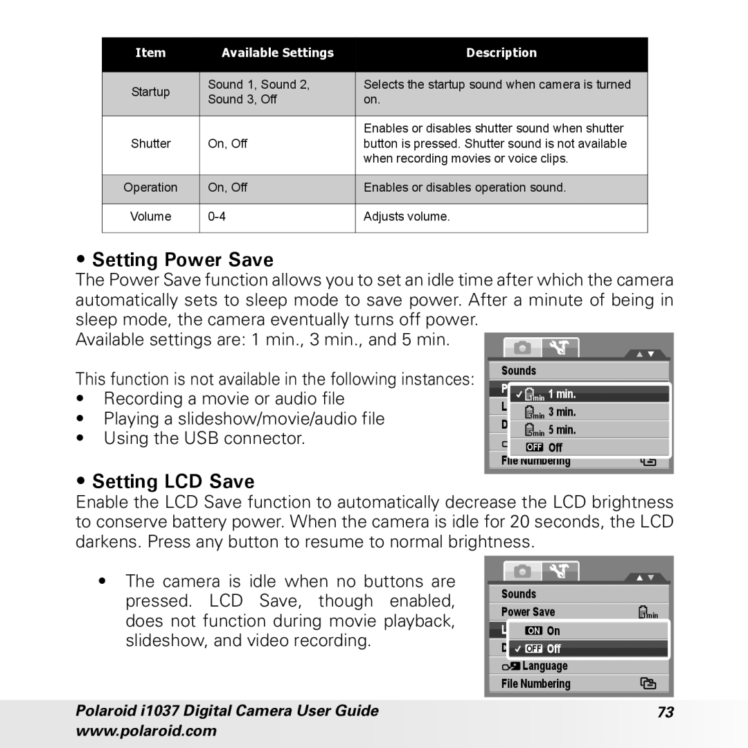 Polaroid i1037 manual Setting Power Save, Setting LCD Save 