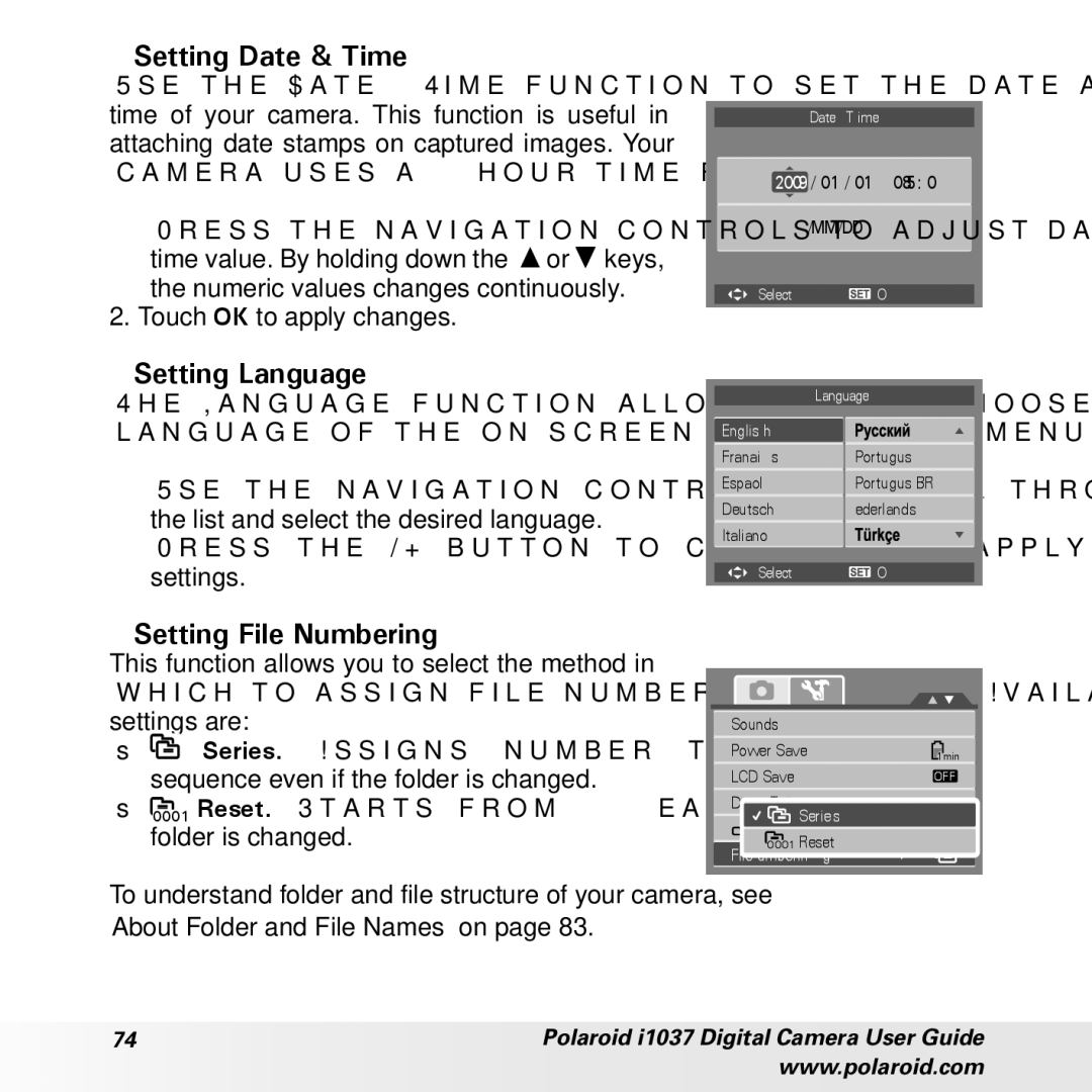 Polaroid i1037 manual Setting Date & Time, Setting Language, Setting File Numbering, Touch OK to apply changes 