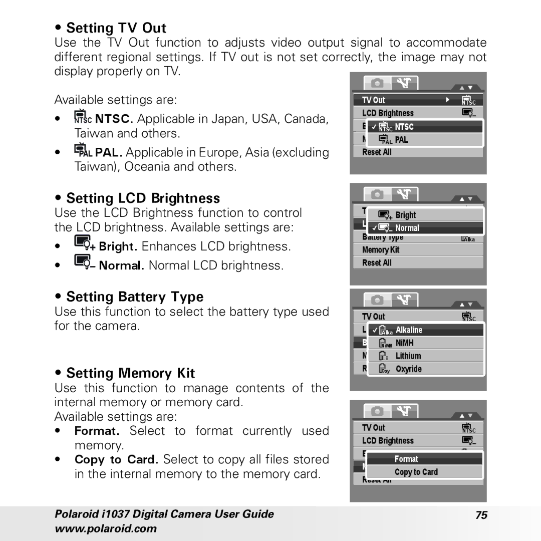 Polaroid i1037 manual Setting TV Out, Setting LCD Brightness, Setting Battery Type, Setting Memory Kit 