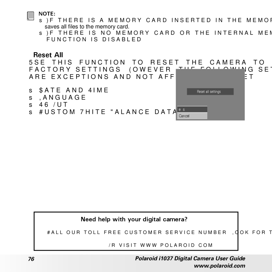 Polaroid i1037 manual Reset All, Date and Time Language TV Out Custom White Balance data 