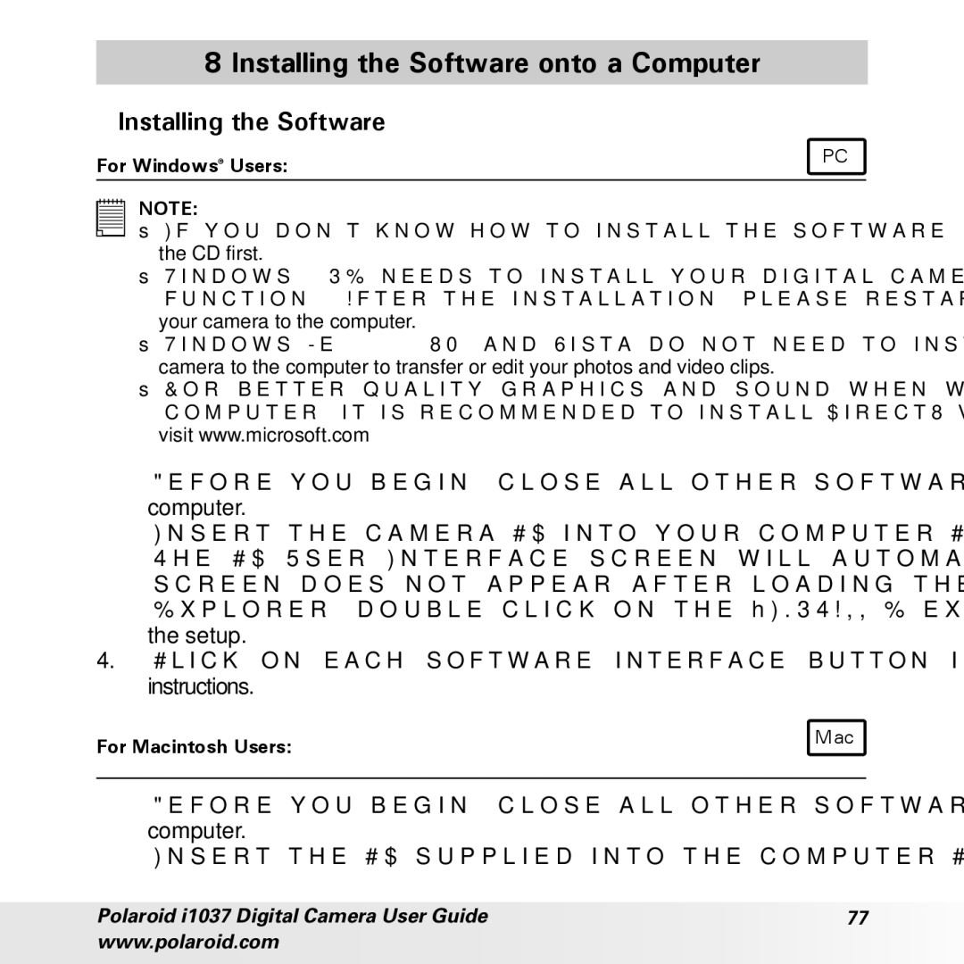 Polaroid i1037 manual Installing the Software onto a Computer 