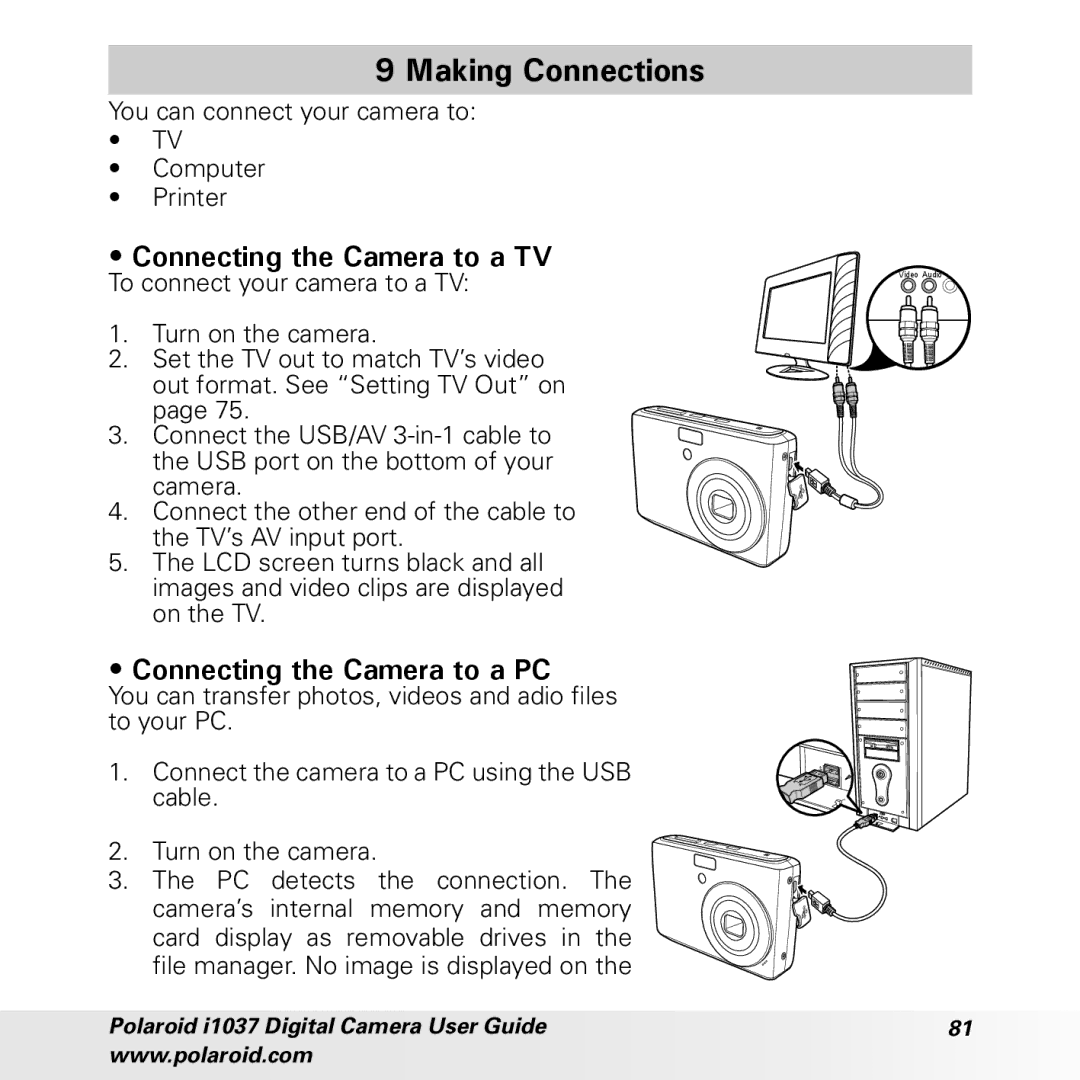 Polaroid i1037 manual Making Connections, Connecting the Camera to a TV, Connecting the Camera to a PC 