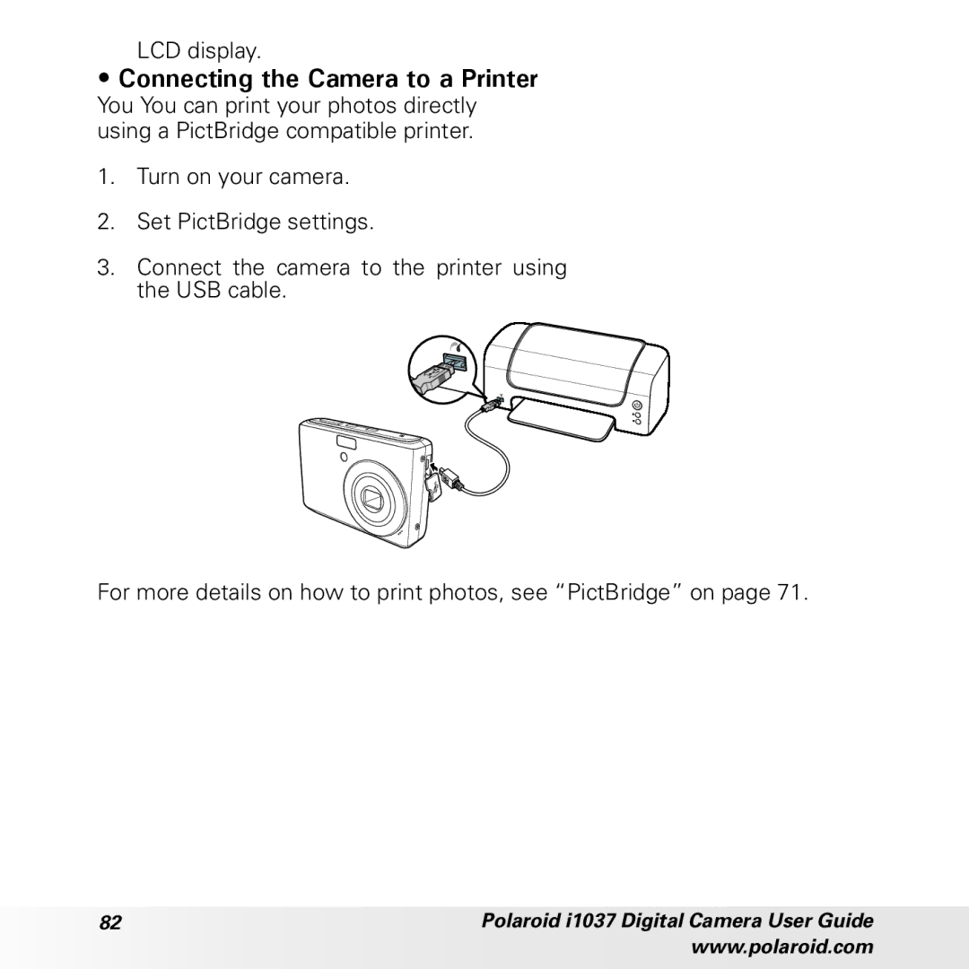 Polaroid i1037 manual Connecting the Camera to a Printer, LCD display 