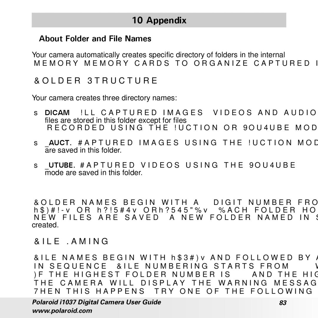 Polaroid i1037 manual Appendix, About Folder and File Names, Folder Structure, File Naming 