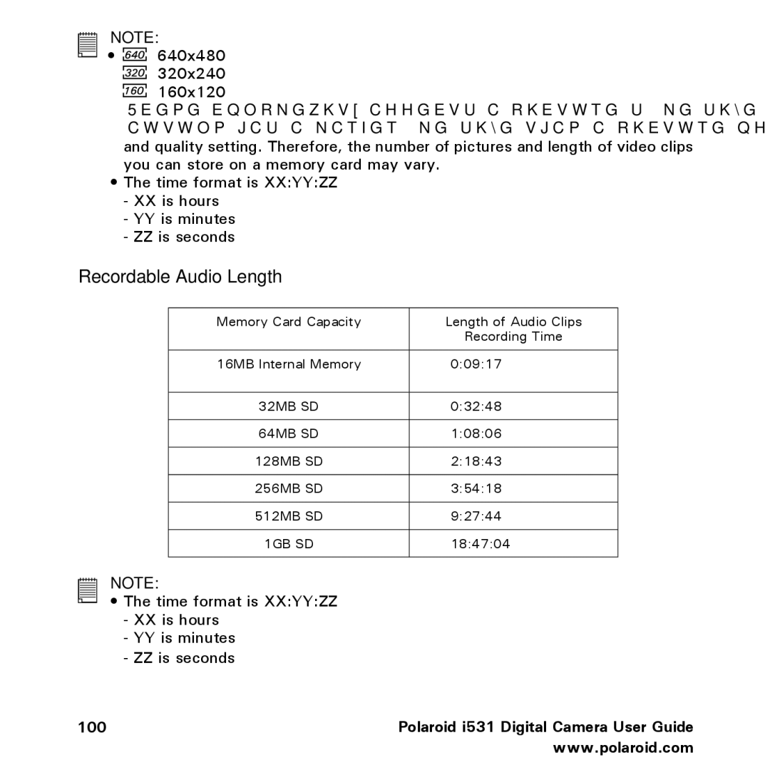 Polaroid i531 manual Recordable Audio Length 