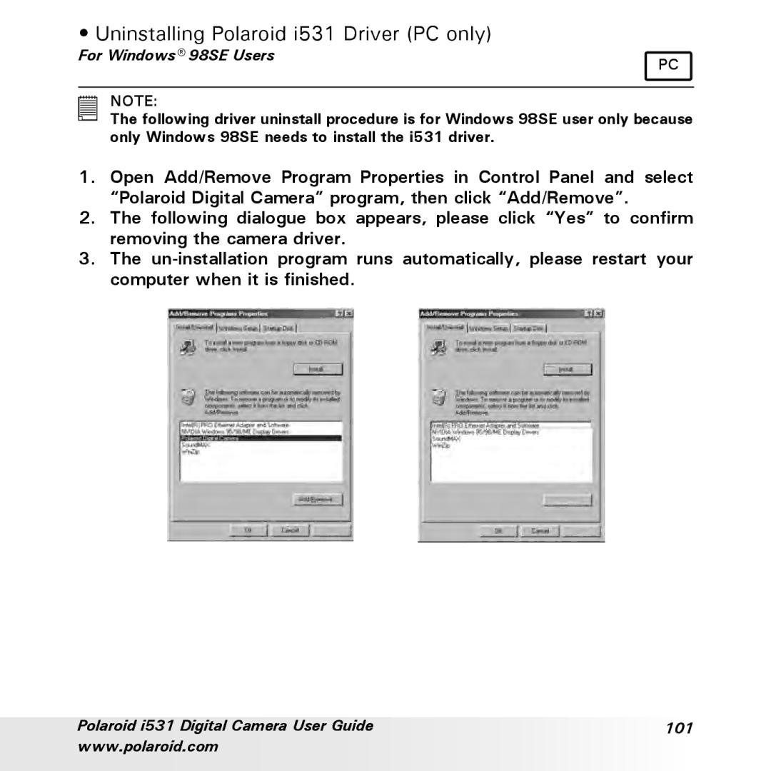 Polaroid manual Uninstalling Polaroid i531 Driver PC only, For Windows 98SE Users 