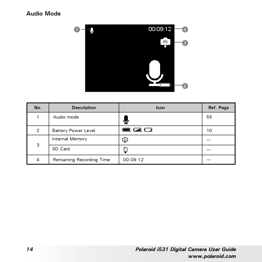 Polaroid i531 manual Audio Mode, 000912 