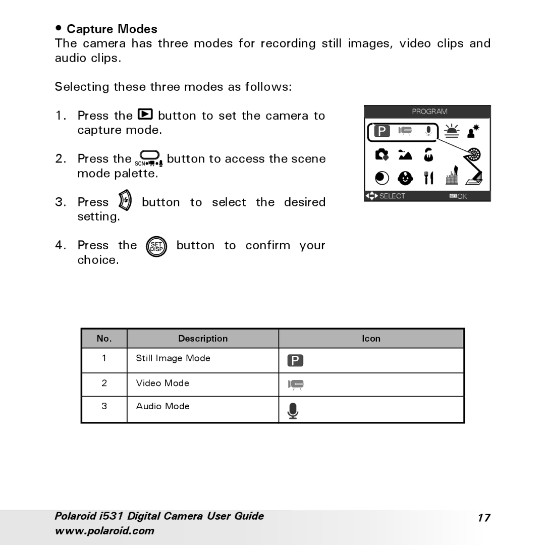 Polaroid i531 manual Capture Modes 