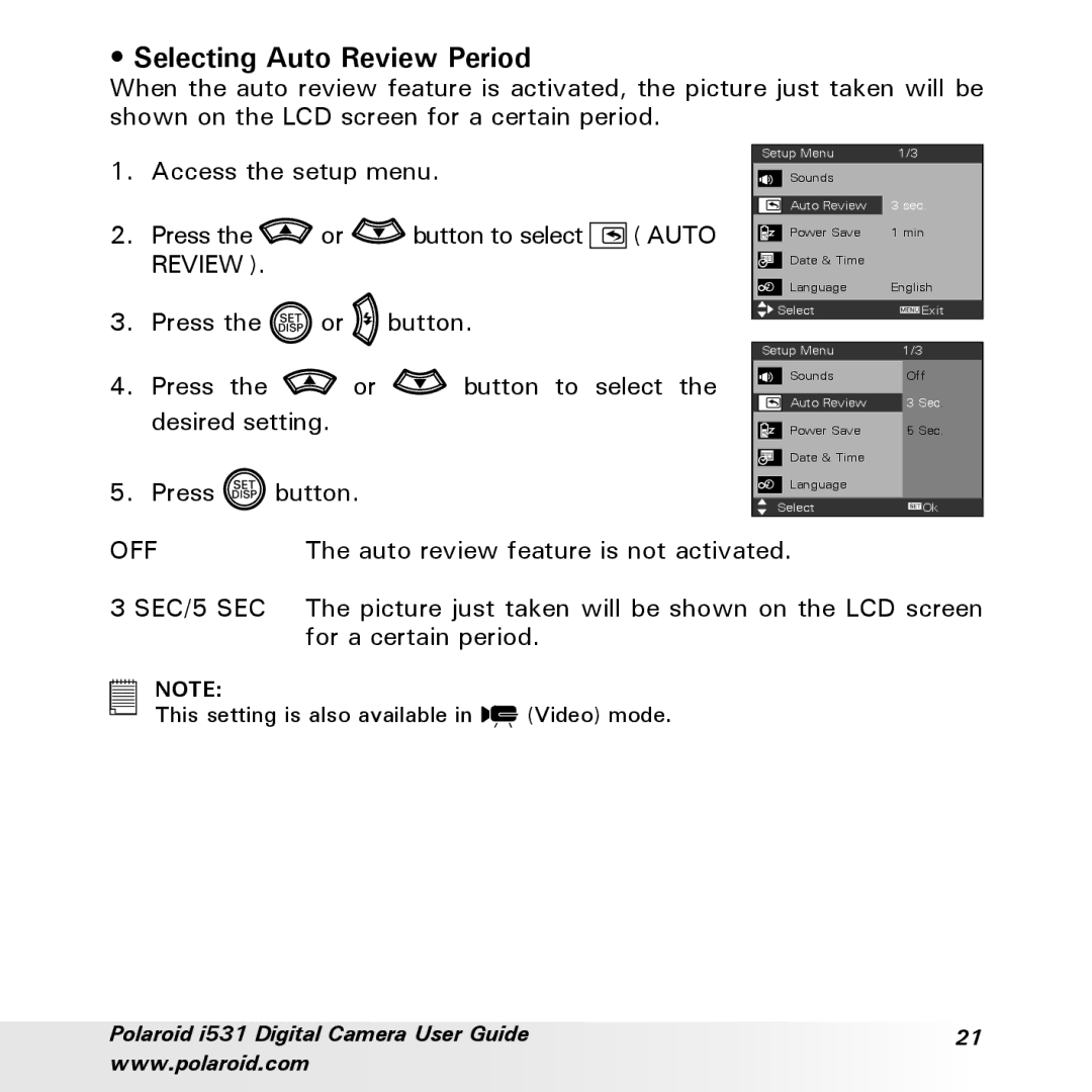 Polaroid i531 manual Selecting Auto Review Period, SEC/5 SEC 