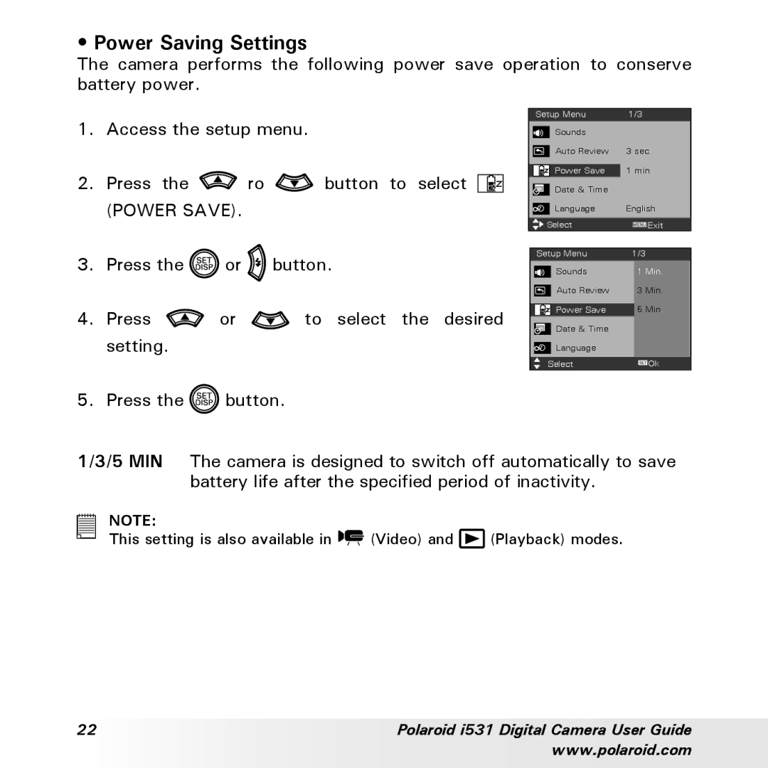 Polaroid i531 manual Power Saving Settings 