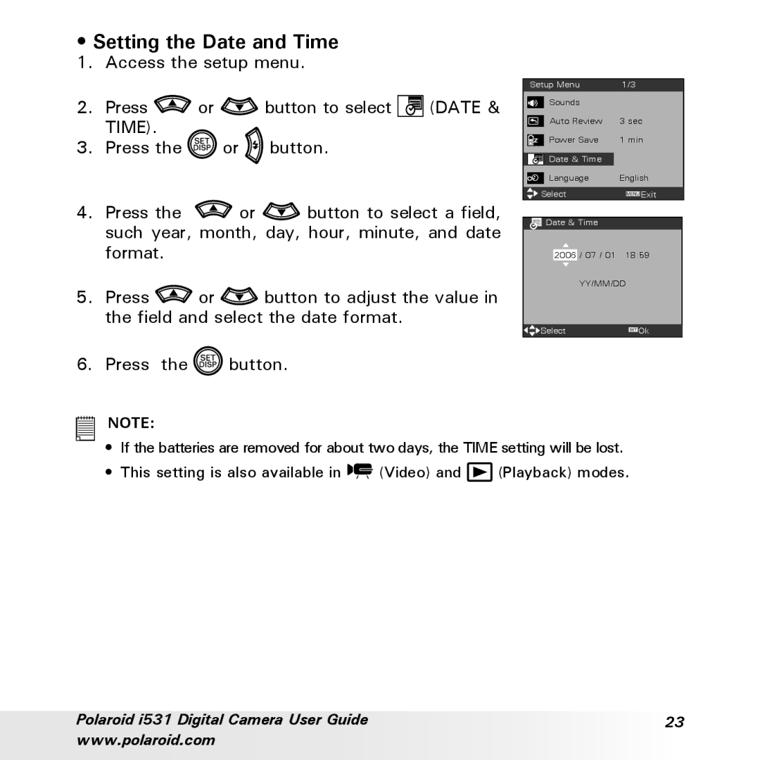 Polaroid i531 manual Setting the Date and Time 