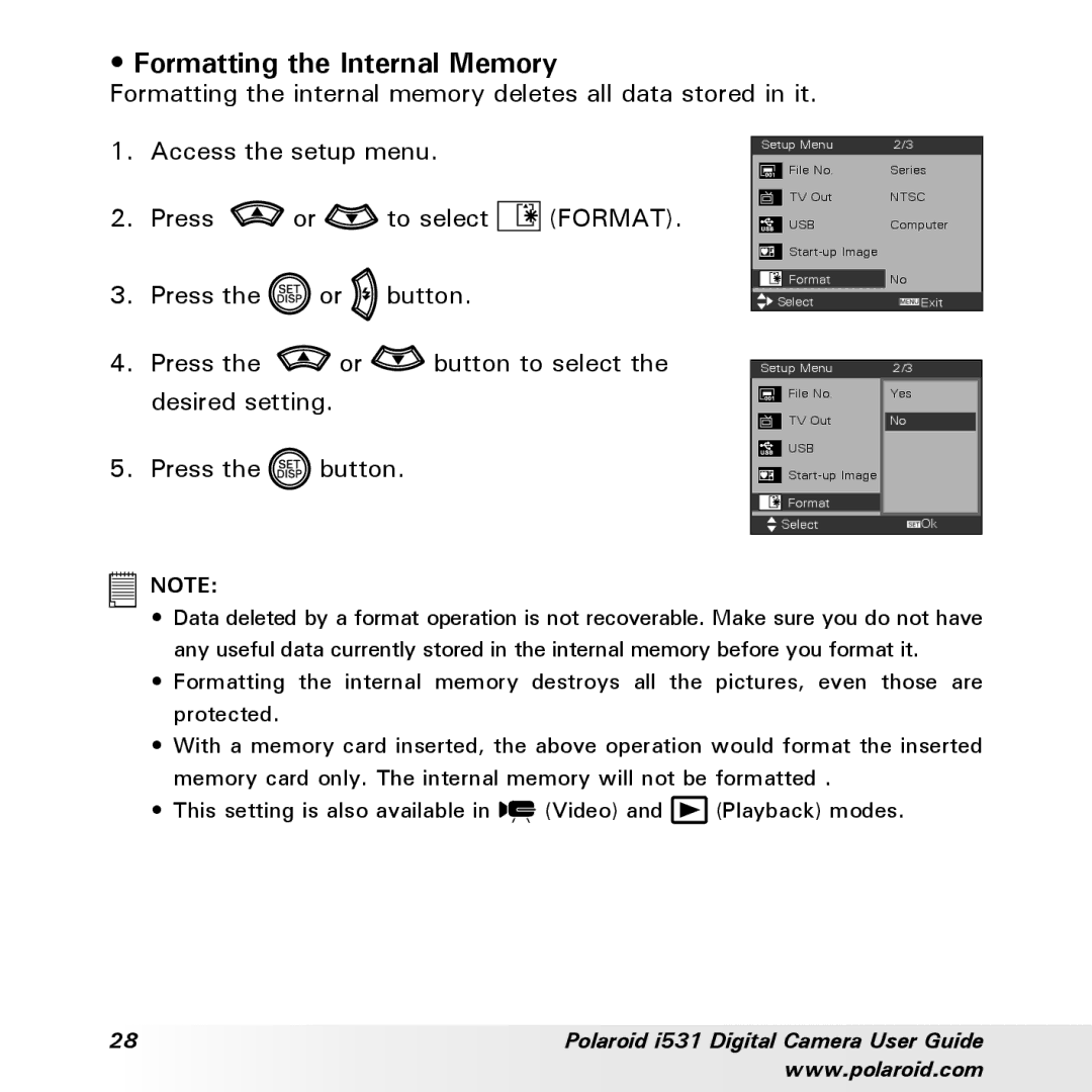 Polaroid i531 manual Formatting the Internal Memory 