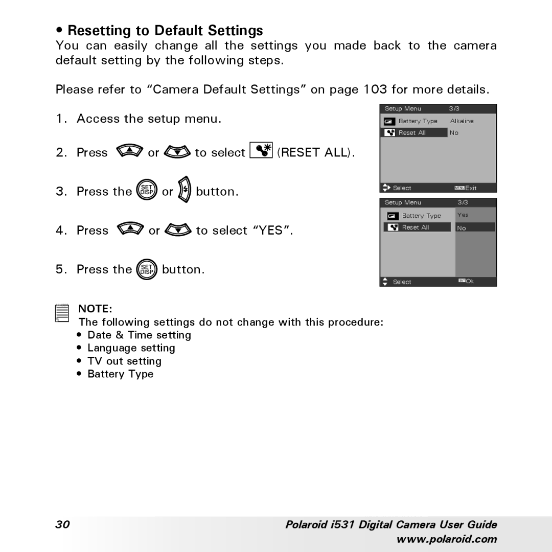 Polaroid i531 manual Resetting to Default Settings, Access the setup menu 