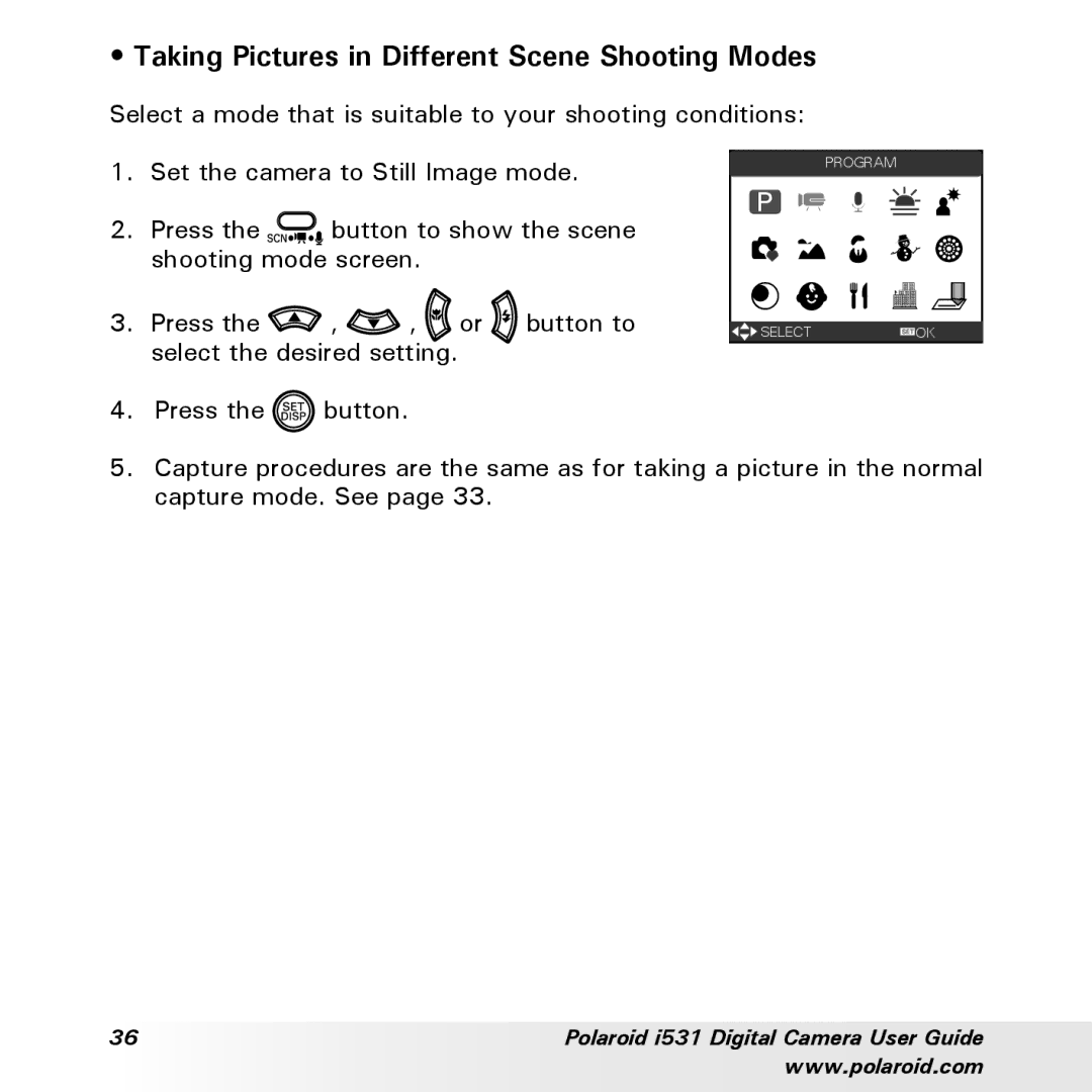 Polaroid i531 manual Taking Pictures in Different Scene Shooting Modes 