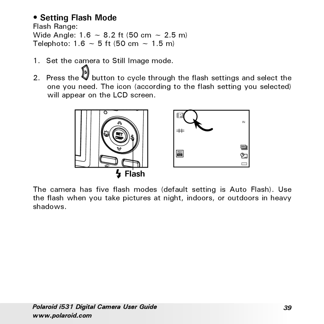 Polaroid i531 manual Setting Flash Mode 