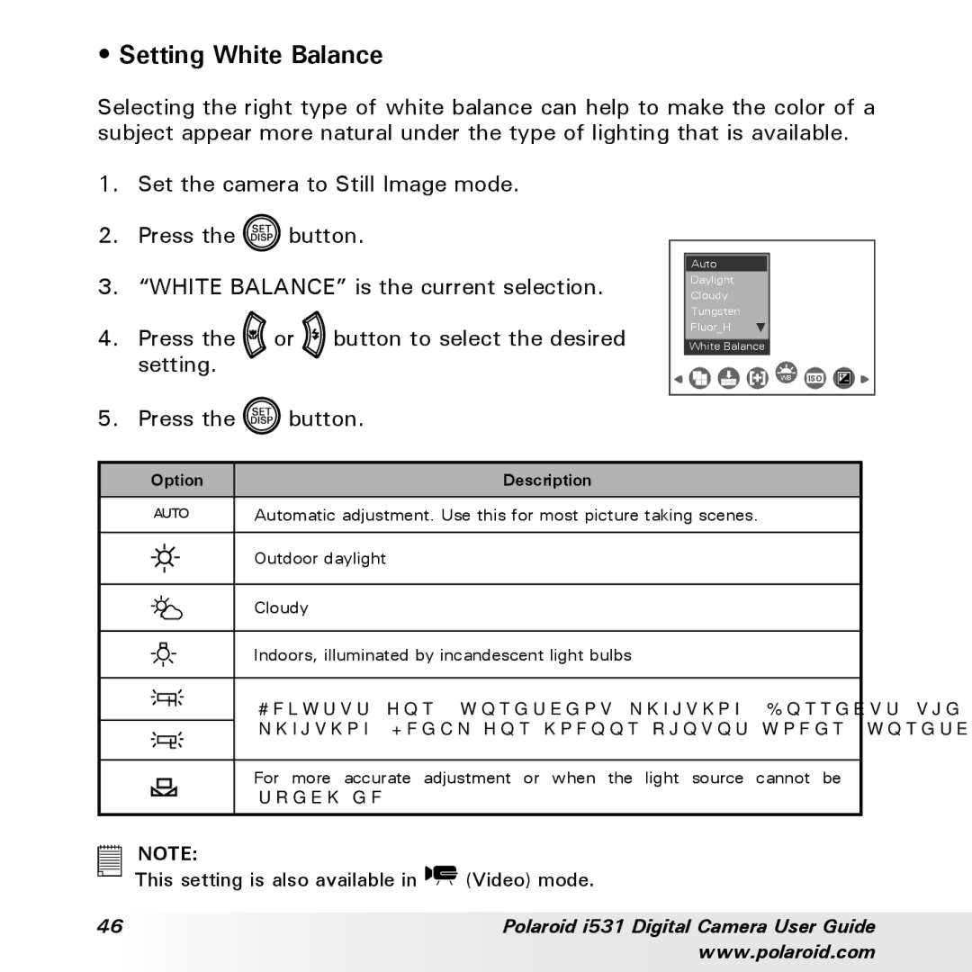 Polaroid i531 manual Setting White Balance, Outdoor daylight 