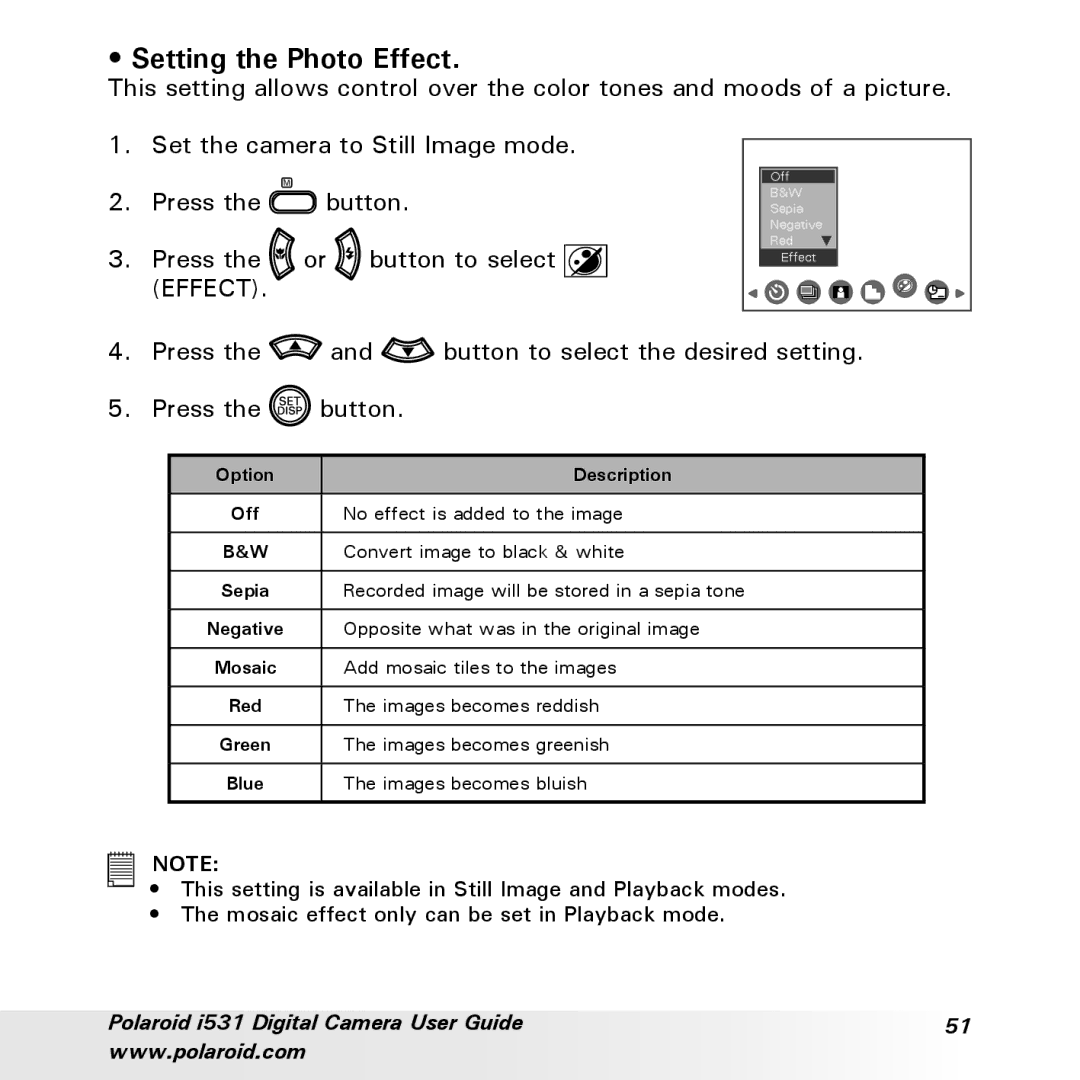 Polaroid i531 manual Setting the Photo Effect 