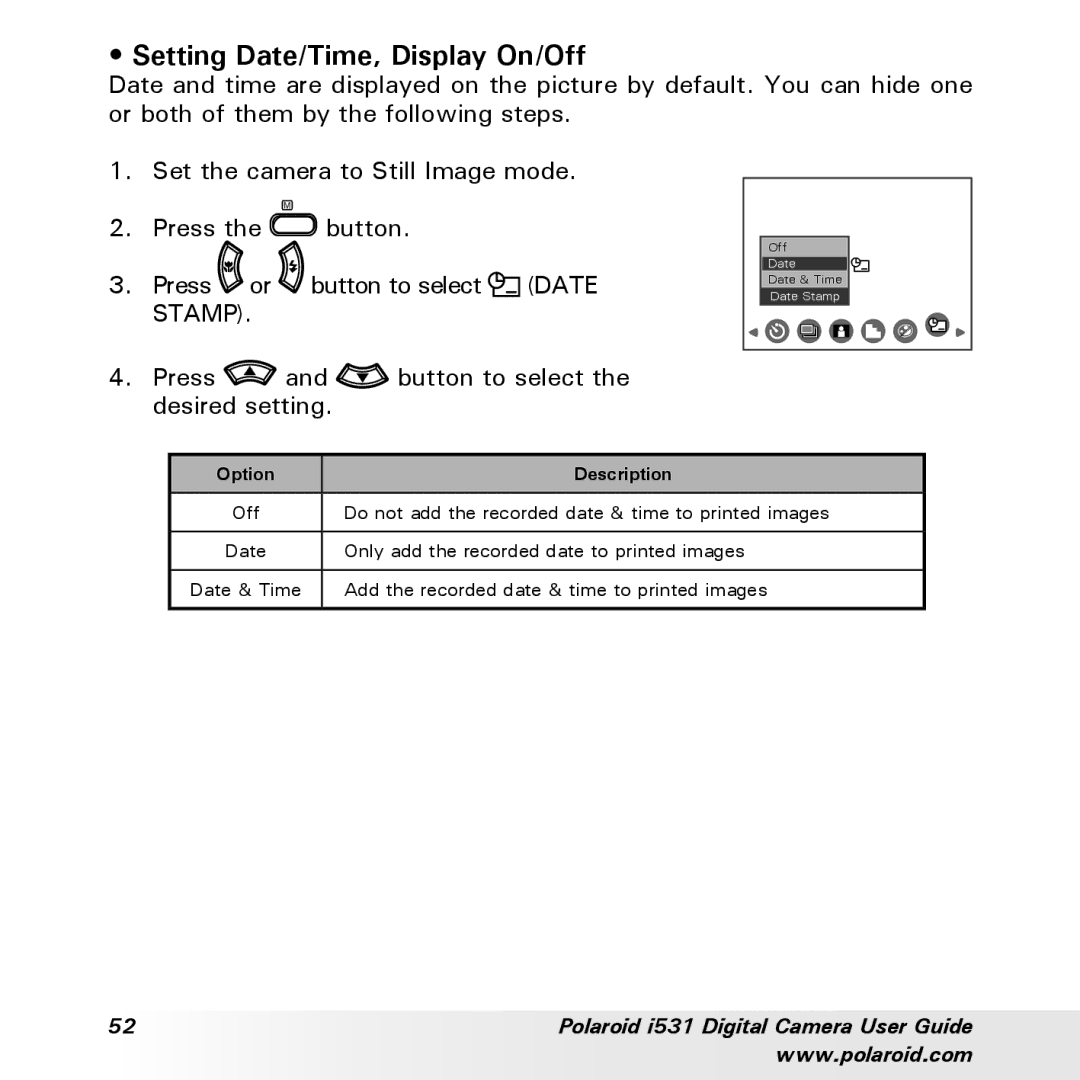 Polaroid i531 manual Setting Date/Time, Display On/Off 