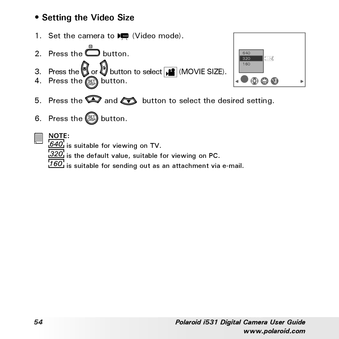 Polaroid i531 manual Setting the Video Size 