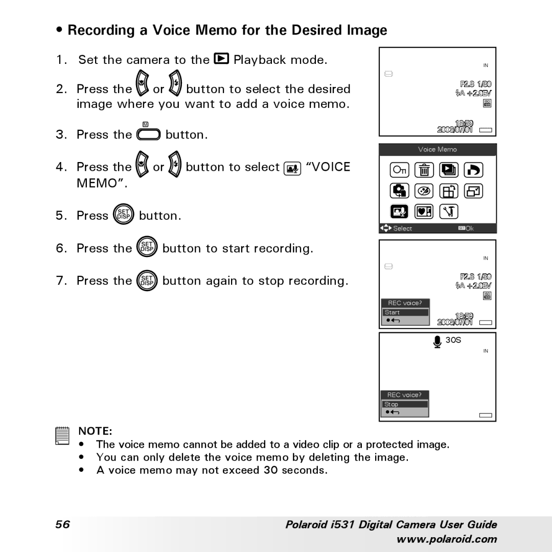 Polaroid i531 manual Recording a Voice Memo for the Desired Image 