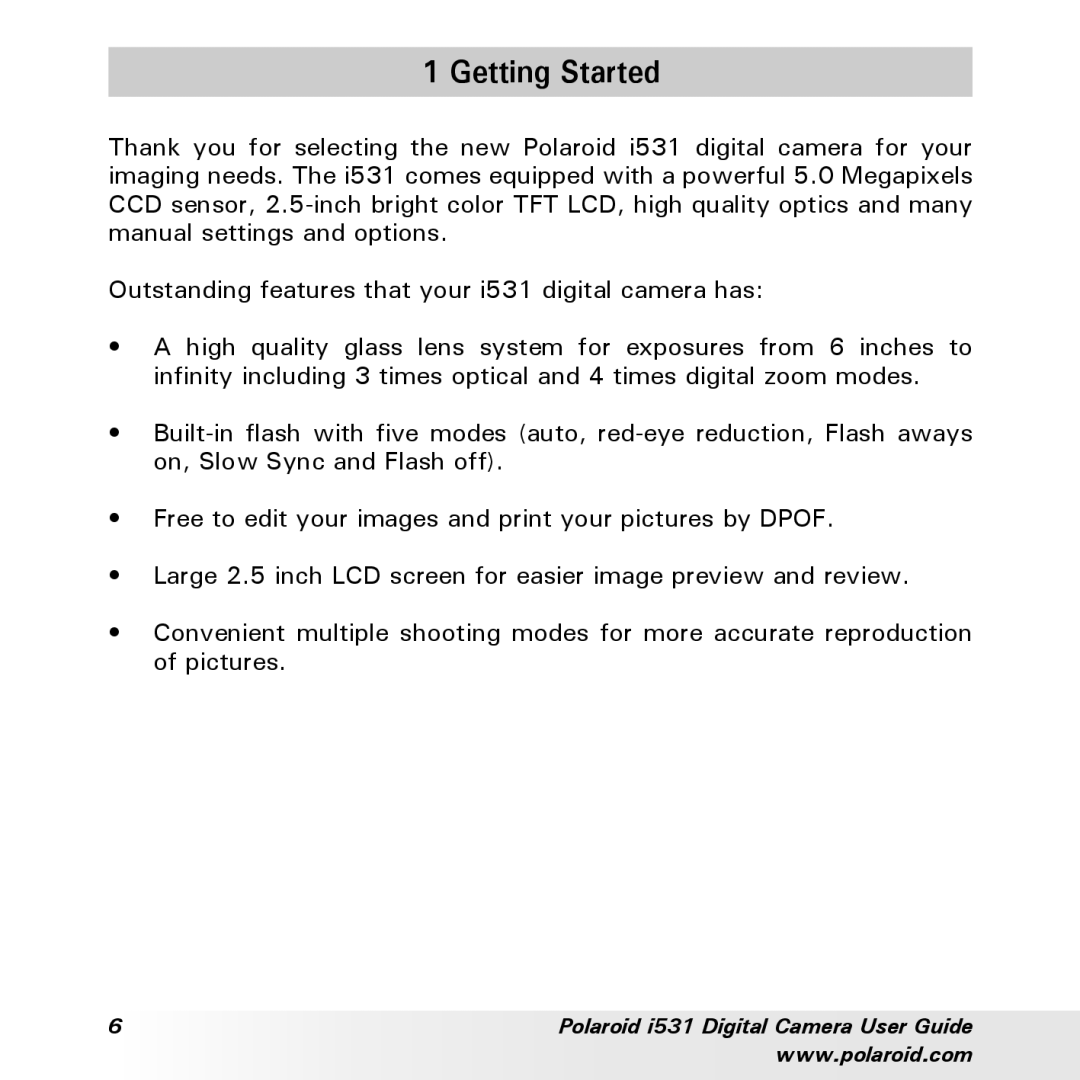 Polaroid i531 manual Getting Started 