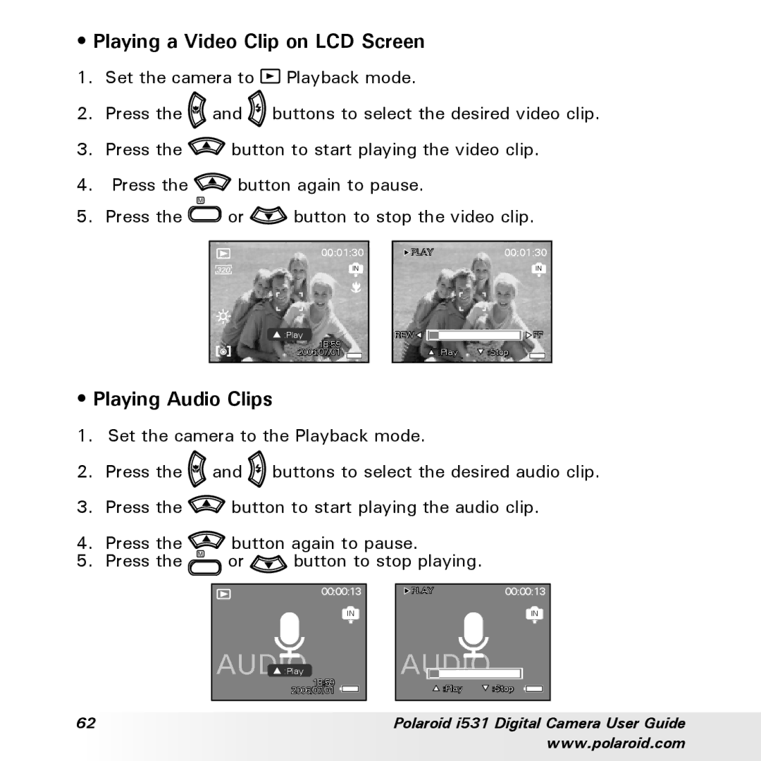 Polaroid i531 manual Playing a Video Clip on LCD Screen, Playing Audio Clips 