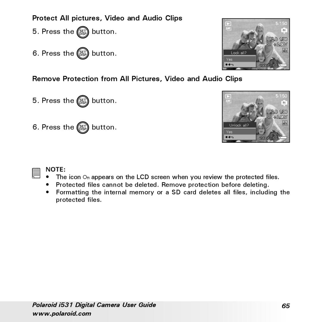 Polaroid i531 Protect All pictures, Video and Audio Clips, Remove Protection from All Pictures, Video and Audio Clips 
