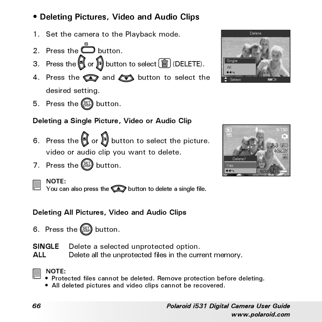 Polaroid i531 manual Deleting Pictures, Video and Audio Clips, Deleting a Single Picture, Video or Audio Clip 