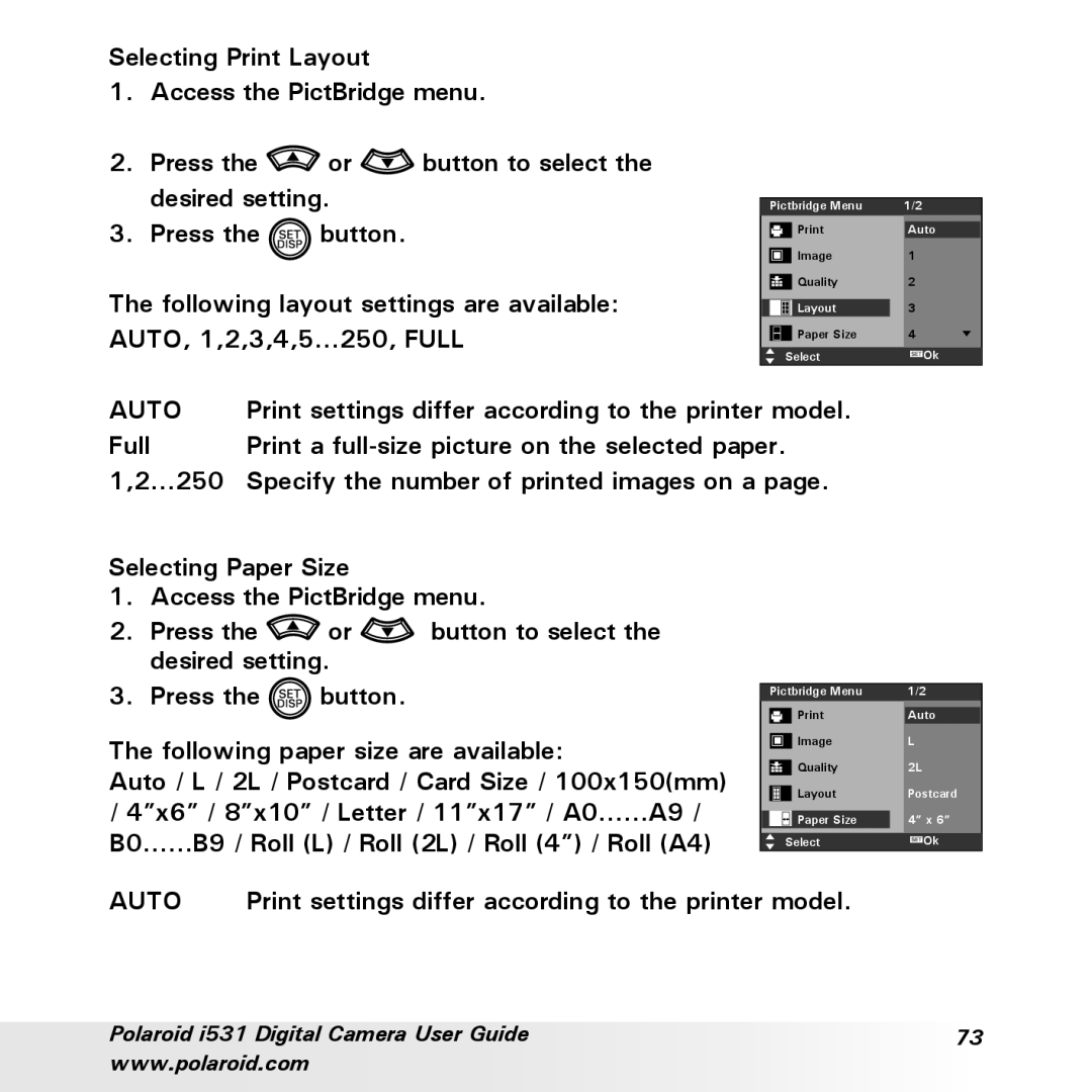 Polaroid i531 manual Selecting Print Layout, Selecting Paper Size 