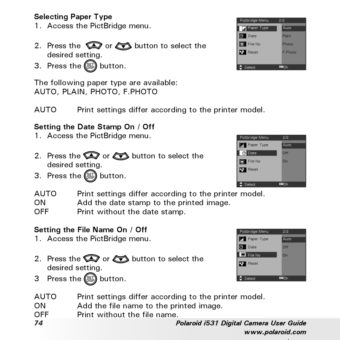 Polaroid i531 manual Selecting Paper Type, Setting the File Name On / Off 