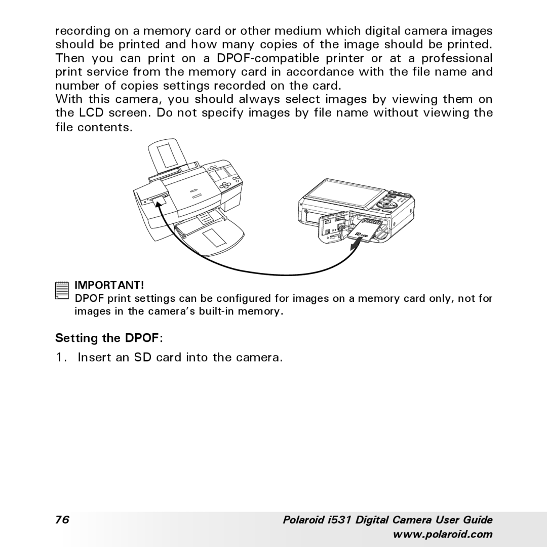 Polaroid i531 manual Setting the Dpof 