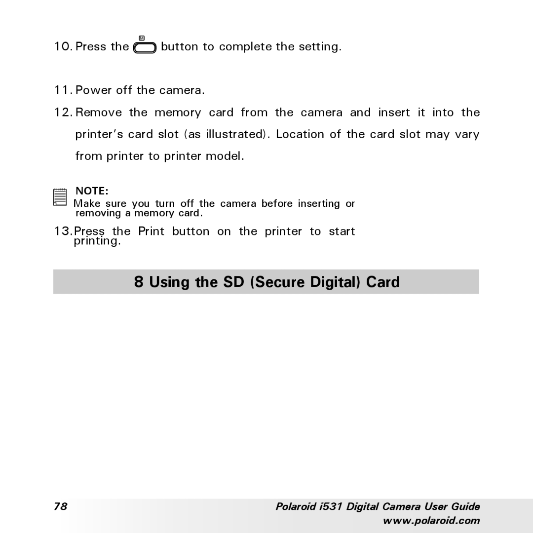 Polaroid i531 manual Using the SD Secure Digital Card 