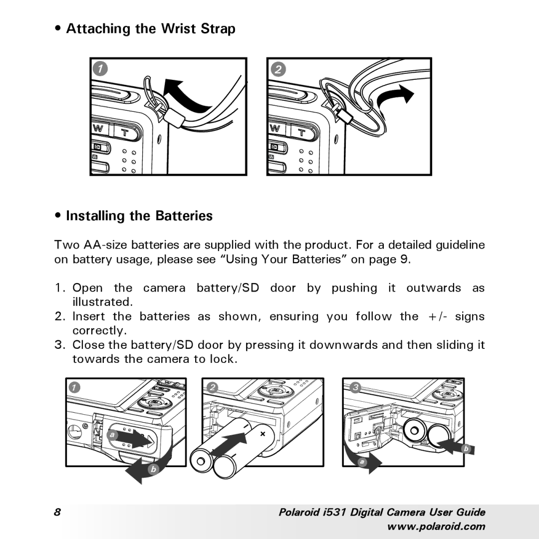 Polaroid i531 manual Attaching the Wrist Strap Installing the Batteries 