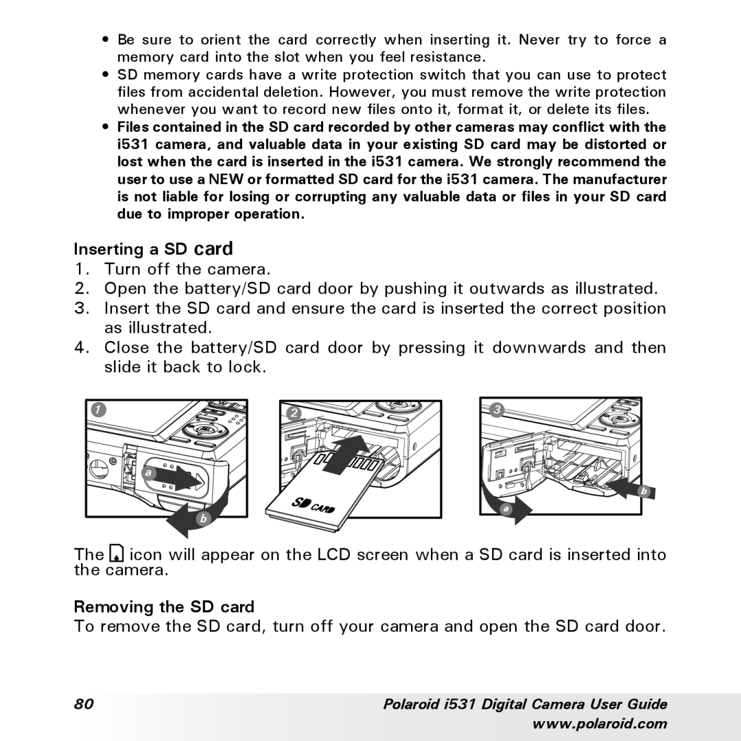 Polaroid i531 manual Inserting a SD card, Removing the SD card 