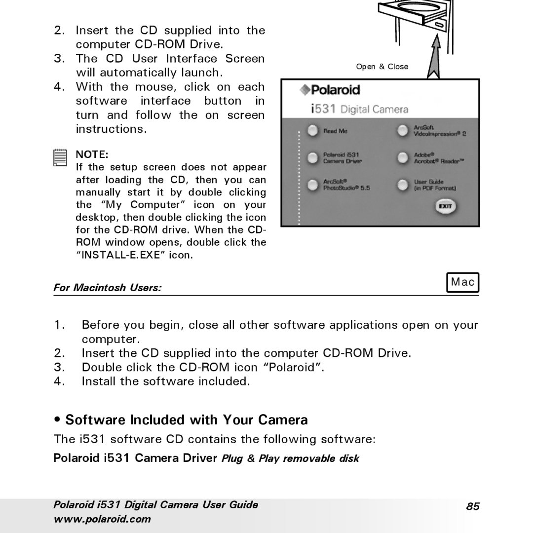 Polaroid manual Software Included with Your Camera, Polaroid i531 Camera Driver Plug & Play removable disk 