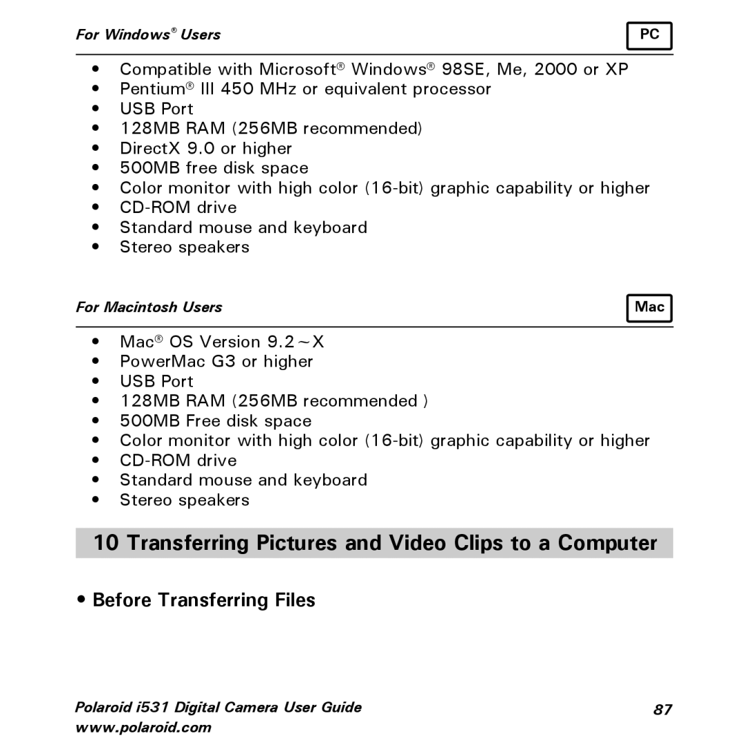 Polaroid i531 manual Transferring Pictures and Video Clips to a Computer, Before Transferring Files 