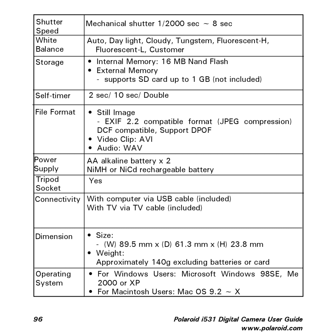 Polaroid manual Polaroid i531 Digital Camera User Guide 