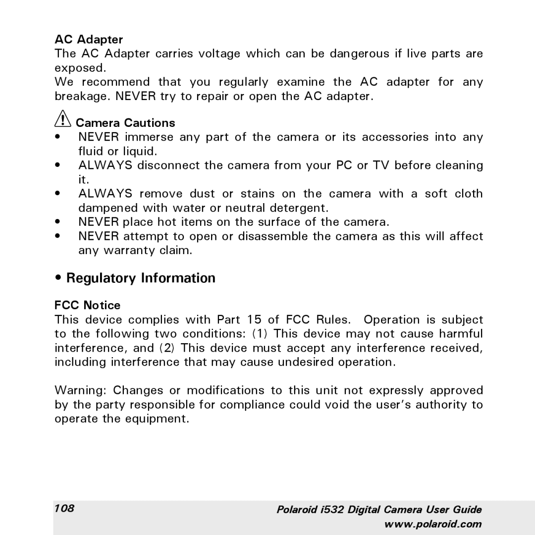 Polaroid i532 manual Regulatory Information, AC Adapter, Camera Cautions, FCC Notice 