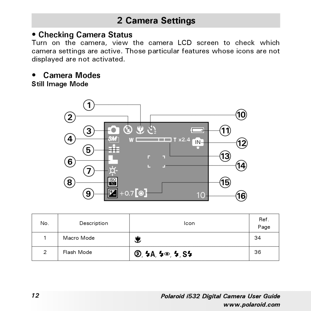 Polaroid i532 manual Camera Settings, Checking Camera Status, Camera Modes, Still Image Mode 