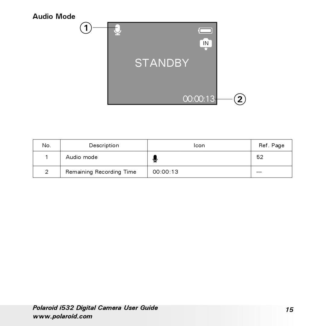 Polaroid i532 manual Standby, Audio Mode 