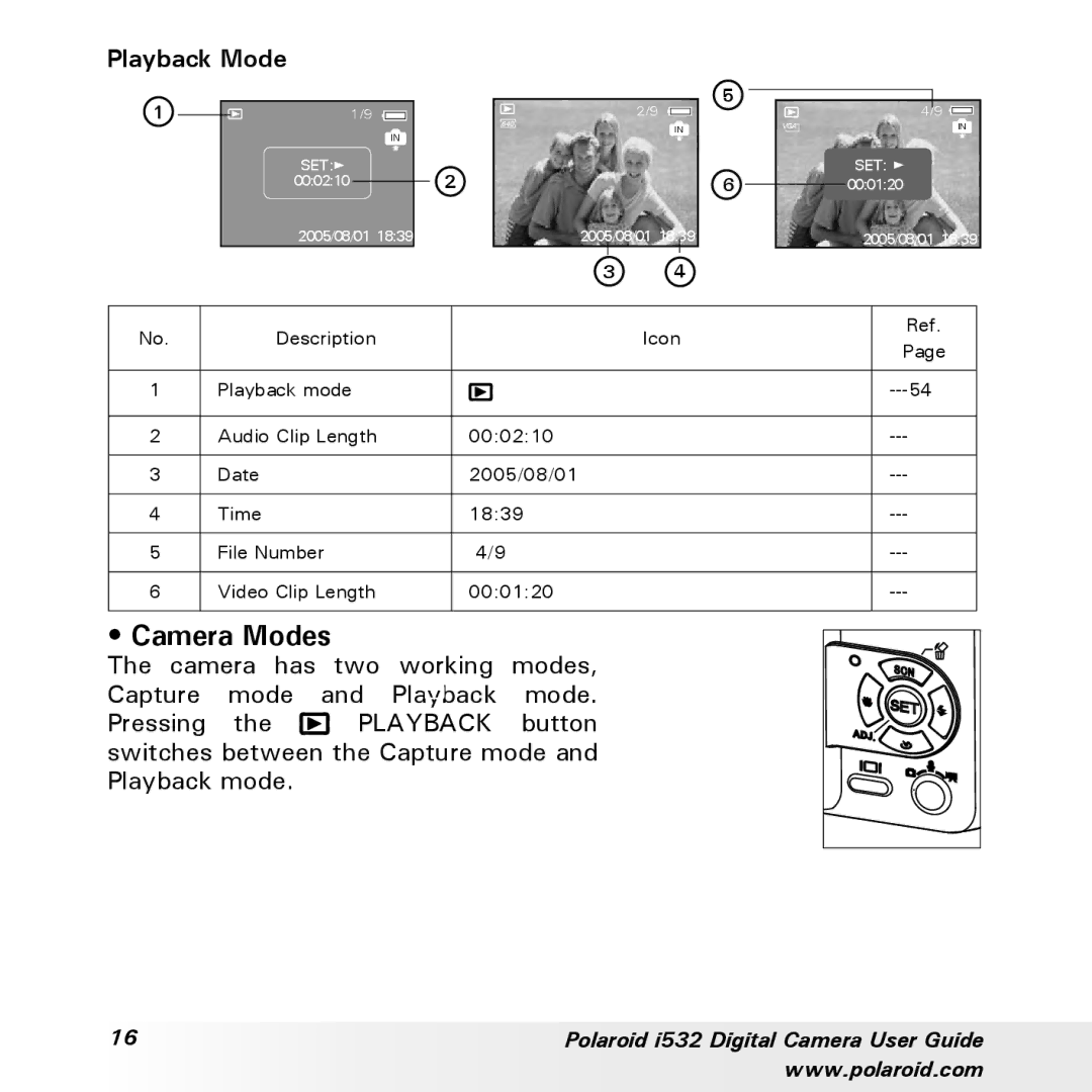 Polaroid i532 manual Camera Modes, Playback Mode 