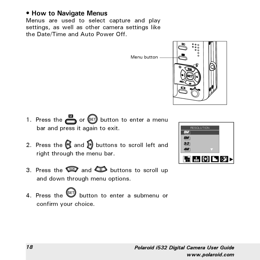 Polaroid i532 manual How to Navigate Menus 