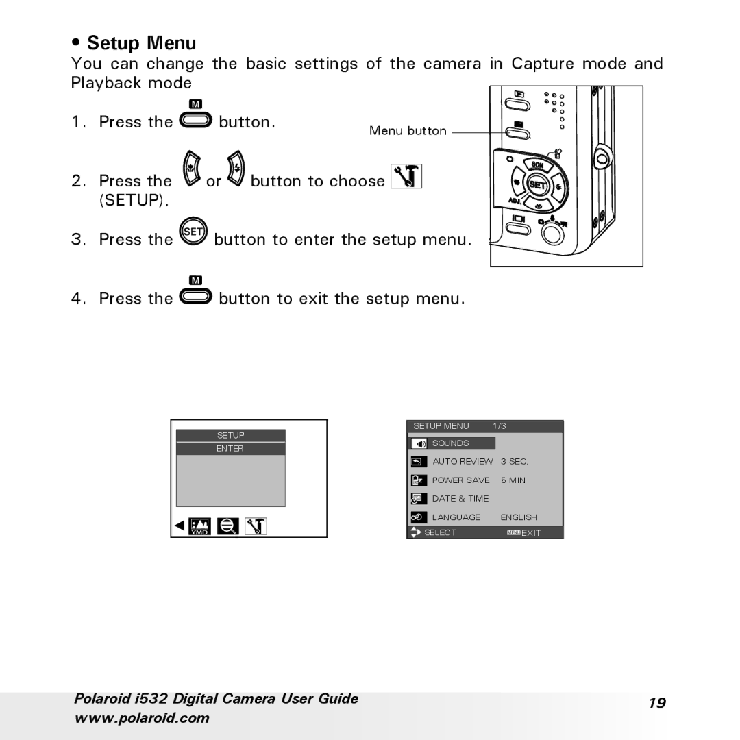 Polaroid i532 manual Setup Menu 