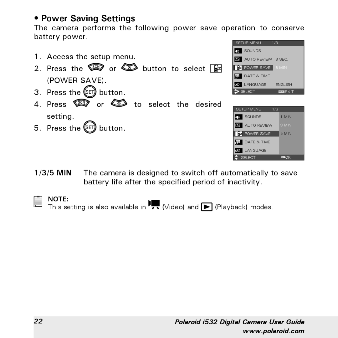 Polaroid i532 manual Power Saving Settings 