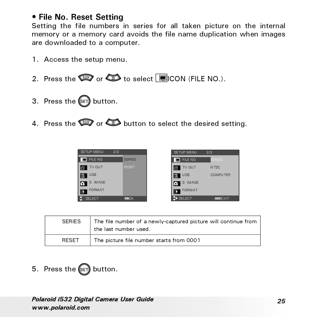 Polaroid i532 manual File No. Reset Setting 