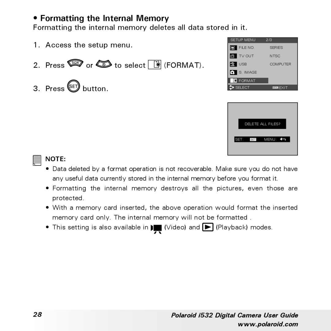 Polaroid i532 manual Formatting the Internal Memory 